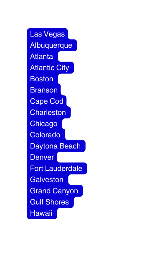 Las Vegas Albuquerque Atlanta Atlantic City Boston Branson Cape Cod Charleston Chicago Colorado Daytona Beach Denver Fort Lauderdale Galveston Grand Canyon Gulf Shores Hawaii